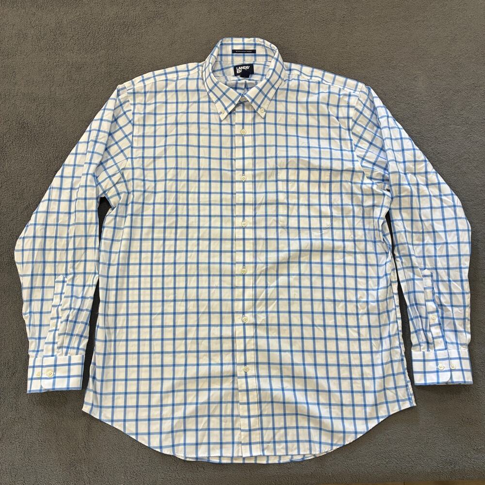 Lands' End No Iron Supima Pinpoint Blue Plaid Button Down Dress Shirt Mens Sz XL